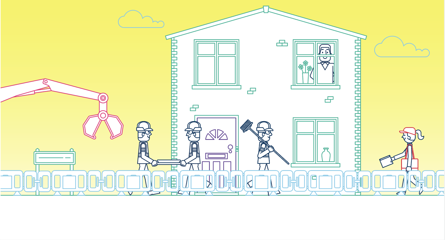 Illustration of house surrounded by barriers with digger on left hand side, two Northern Gas workmen holding pavement slate on left hand side of house, Northern Gas workman holding broom next to front door and postwoman delivering letter on right hand side of house.