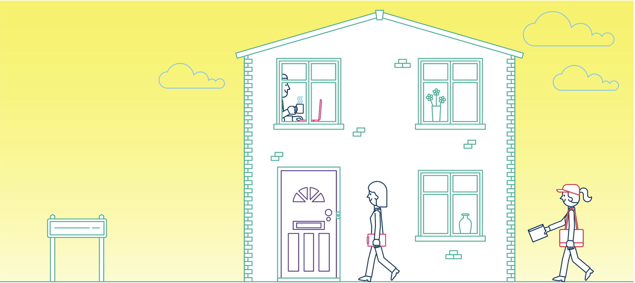 Illustration showing house with person sitting in window, lady walking near front door and postwoman walking on the right hand side of house.