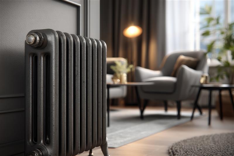 Black radiator shown in foreground with living room in background