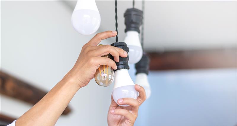 Female hand changing hanging lightbulb
