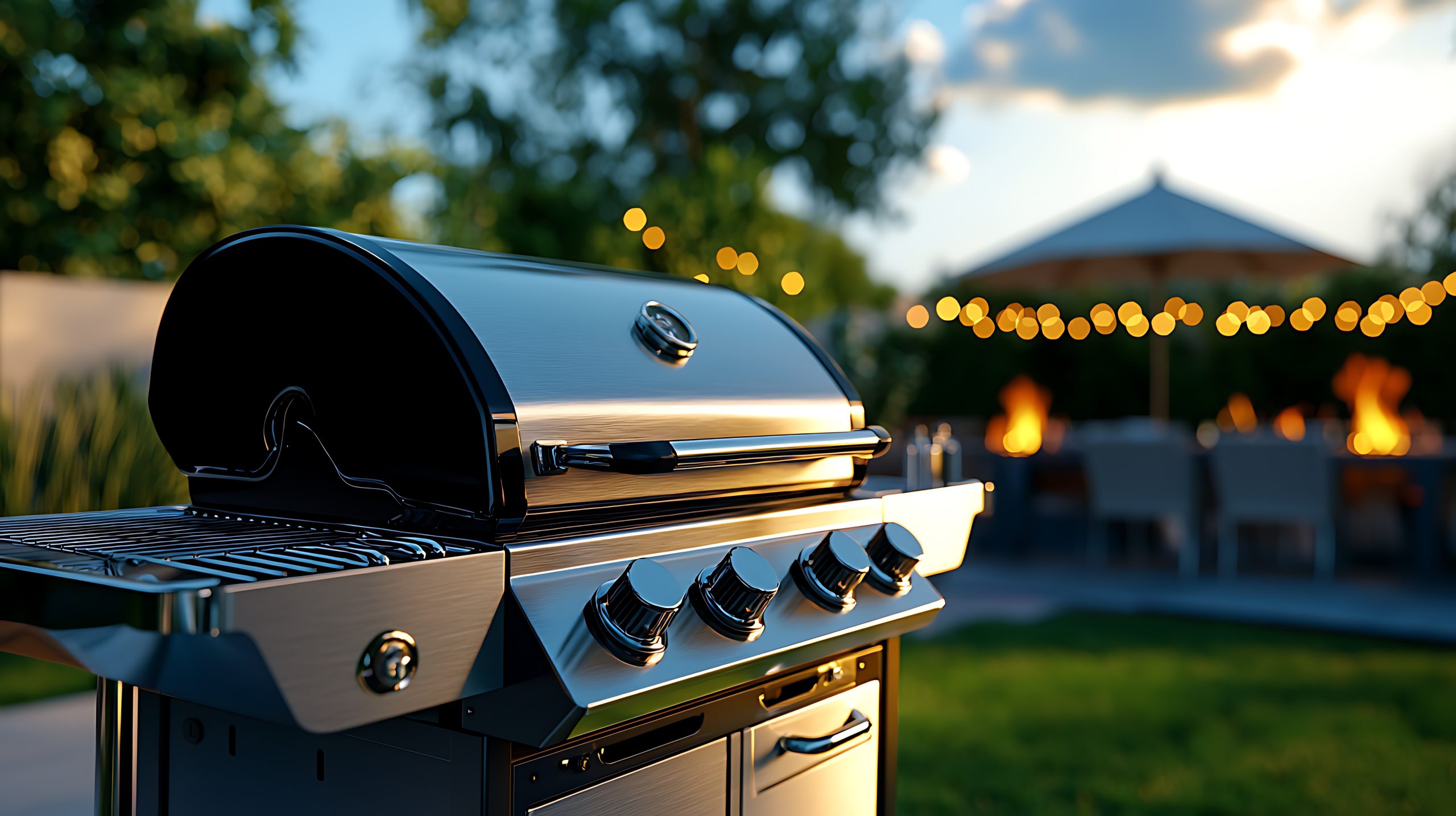 Close up of a stainless steel gas BBQ in a garden ready for use. Garden is lit up with a string of lights.