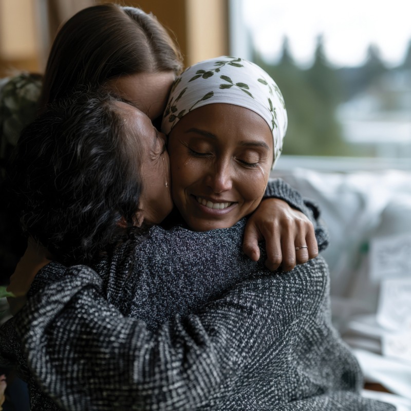 Woman in headscarf being given supportive hug